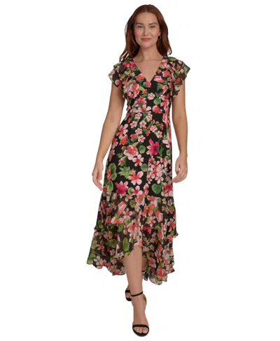 Tommy Hilfiger Women's Printed Empire-waist Ruffle-sleeve Dress In Black Multi
