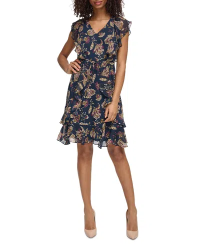 Tommy Hilfiger Women's Printed Flutter-sleeve Ruffle Dress In Sky Captain,aubergine