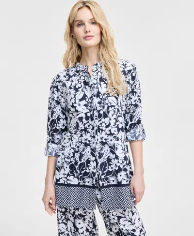 Tommy Hilfiger Women's Printed Long-sleeve Tunic In Sky Captain,bright White