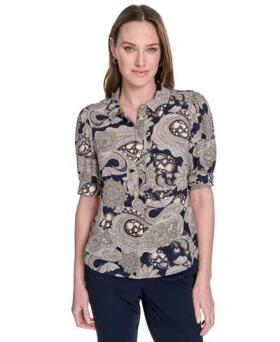 Tommy Hilfiger Women's Printed Point Collar Puff-sleeve Blouse In Multi