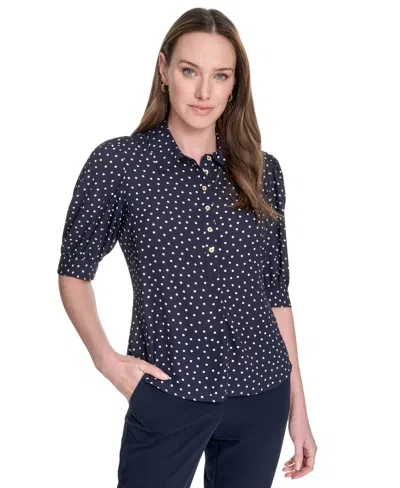 Tommy Hilfiger Women's Printed Point Collar Puff-sleeve Blouse In Blue
