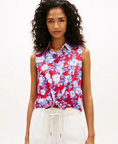 Tommy Hilfiger Women's Printed Poplin Knotted Collared Shirt In Pink