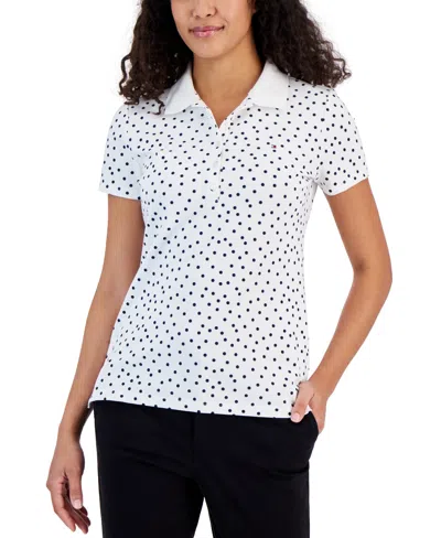 Tommy Hilfiger Women's Printed Quarter-button Polo Top In White