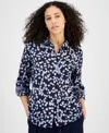 TOMMY HILFIGER WOMEN'S PRINTED ROLL-TAB-SLEEVE BUTTON-FRONT COTTON SHIRT