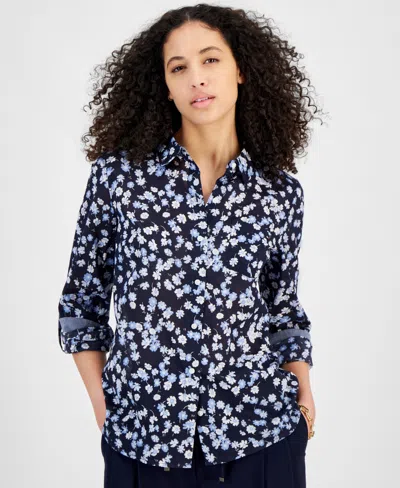 Tommy Hilfiger Women's Printed Roll-tab-sleeve Button-front Cotton Shirt In Sky Capt M