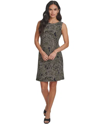 Tommy Hilfiger Women's Printed Round-neck Sleeveless Knit Dress In Blk,d Olv