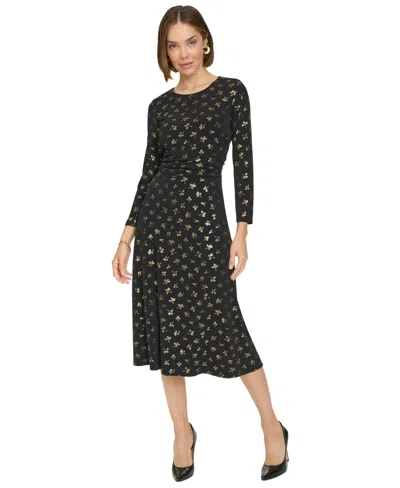 Tommy Hilfiger Plus Womens Metallic Belted Midi Dress In Black,gold