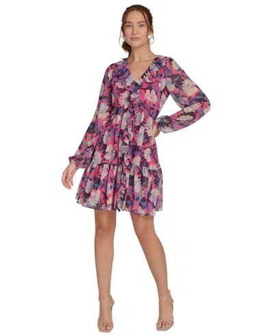 Tommy Hilfiger Women's Printed Ruffled Blouson-sleeve Shift Dress In Hot Pink Multi