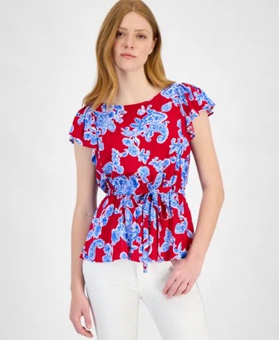 Tommy Hilfiger Women's Printed Ruffled-sleeve Peplum Top In Scarlet Multi