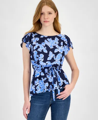 Tommy Hilfiger Women's Printed Ruffled-sleeve Peplum Top In Sky Captain Multi