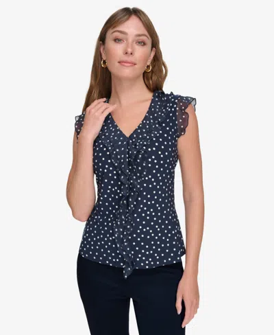Tommy Hilfiger Women's Printed Ruffled Sleeveless Top In Midnight,ivory
