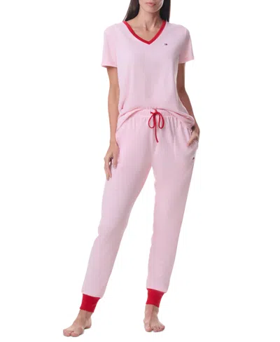 Tommy Hilfiger Women's Printed Short-sleeve Tee & Jogger Set In Stripe Strawberry Cream