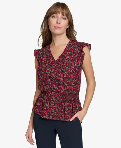 Tommy Hilfiger Women's Printed Smocked Cap-sleeve Top In Mid,chili