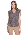 Tommy Hilfiger Women's Printed Smocked-waist Flutter-sleeve Blouse In Black