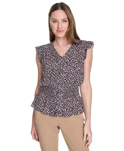 Tommy Hilfiger Women's Printed Smocked-waist Flutter-sleeve Blouse In Black