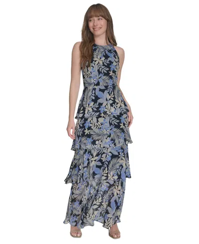 Tommy Hilfiger Women's Printed Tiered Halter Maxi Dress In French Blue Multi