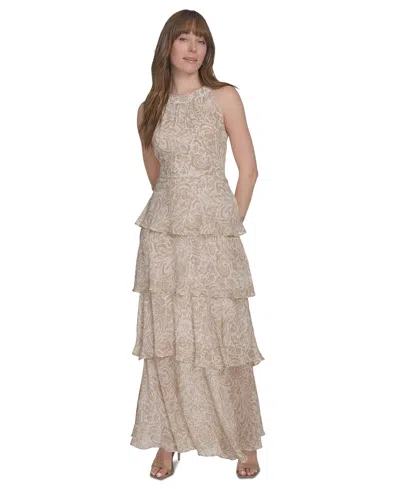 Tommy Hilfiger Women's Printed Tiered Halter Maxi Dress In Khaki Multi