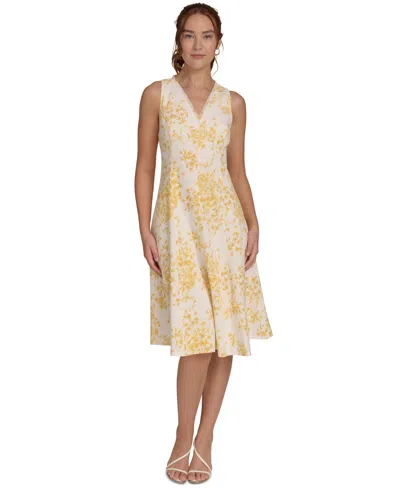 Tommy Hilfiger Women's Printed V-neck Sleeveless Fit & Flare Dress In Ivory,yellow