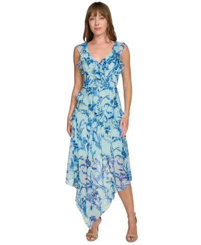 Tommy Hilfiger Women's Provincial Floral Chiffon Dress In Harbor Gray,blue