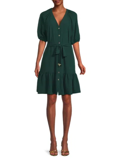 Tommy Hilfiger Women's Puff Sleeve Belted Mini Shirtdress In Green
