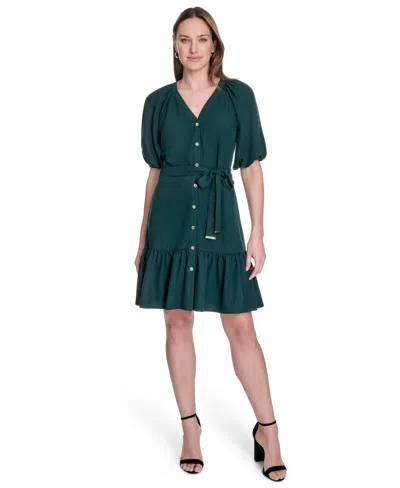 Tommy Hilfiger Women's Puff-sleeve Fit & Flare Dress In Green
