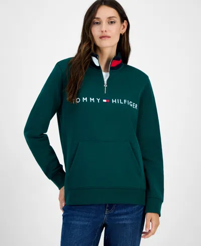 Tommy Hilfiger Women's Quarter Zip Embroidered Logo Sweatshirt In Green
