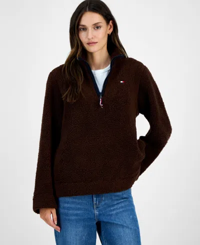 Tommy Hilfiger Women's Quarter-zip Faux-sherpa Jacket In Black
