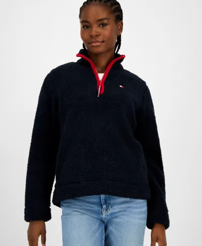 Tommy Hilfiger Women's Quarter-zip Faux-sherpa Jacket In Blue