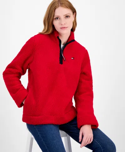 Tommy Hilfiger Women's Quarter-zip Faux-sherpa Jacket In Red