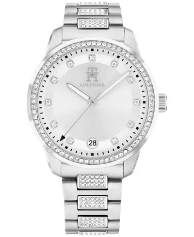 Tommy Hilfiger Women's Quartz Silver-tone Stainless Steel With Crystals Bracelet Watch 36mm In Silver White
