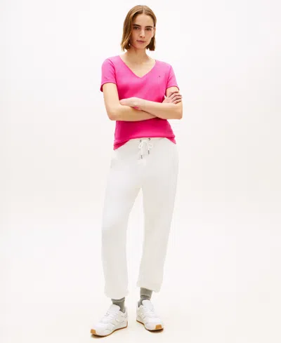 Tommy Hilfiger Women's Rib Slim V-neck Short-sleeve T-shirt In Pink