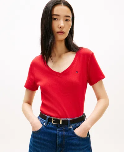 Tommy Hilfiger Women's Rib Slim V-neck Short-sleeve T-shirt In Red