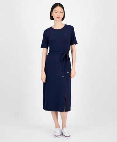 Tommy Hilfiger Women's Ribbed Belted Short-sleeve Midi Dress In Blue