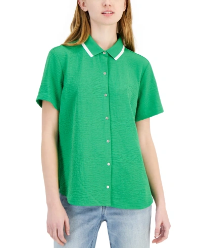 Tommy Hilfiger Women's Ribbed-collar Short-sleeve Shirt In Bright Grn