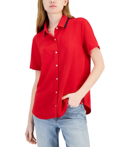 Tommy Hilfiger Women's Ribbed-collar Short-sleeve Shirt In Medium Red