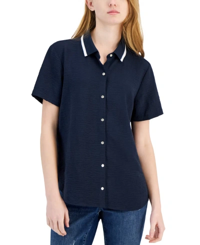 Tommy Hilfiger Women's Ribbed-collar Short-sleeve Shirt In Navy
