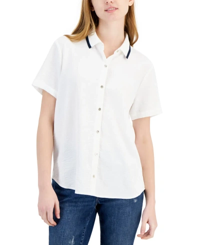 Tommy Hilfiger Women's Plus Short Sleeve Camp Shirt, Printed Pindot,  BLUEBRY Multi at  Women's Clothing store