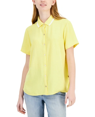 Tommy Hilfiger Women's Ribbed-collar Short-sleeve Shirt In Yellow