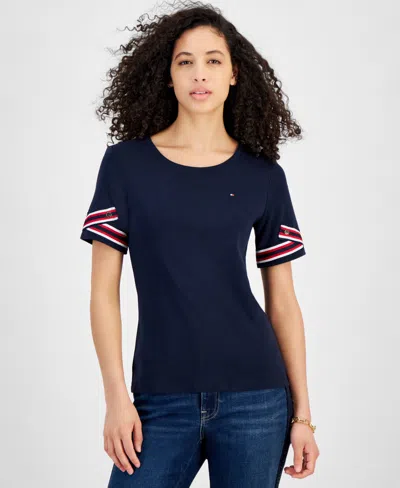 Tommy Hilfiger Women's Ribbon Cuff Crewneck Cotton Logo T-shirt In Sky Capt