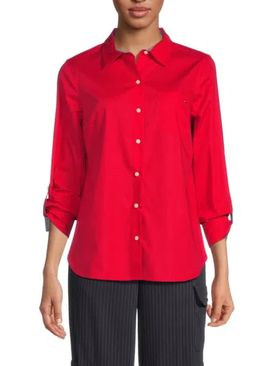 Tommy Hilfiger Women's Roll-tab Button Down Shirt In Scarlet