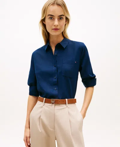 Tommy Hilfiger Women's Roll-tab Sleeve Collared Shirt In Blue