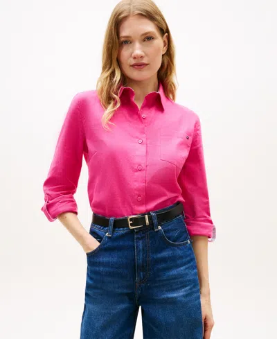 Tommy Hilfiger Women's Roll-tab Sleeve Collared Shirt In Pink