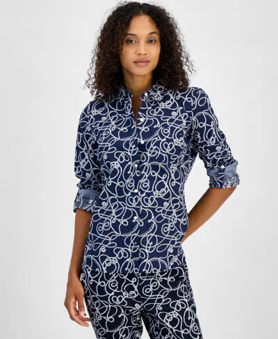 Tommy Hilfiger Women's Rope-print Cotton Button-up Shirt In Sky Captain Multi