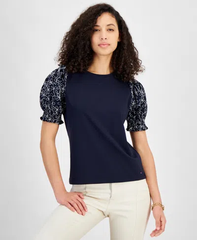 Tommy Hilfiger Women's Round-neck Contrast-sleeve Top In Sky Capt
