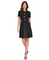 Tommy Hilfiger Petite Round-neck Short-sleeve Fringe-trim Dress In Black