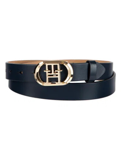 Tommy Hilfiger Women's Rounded Monogram Plaque Buckle Dress Belt In Black