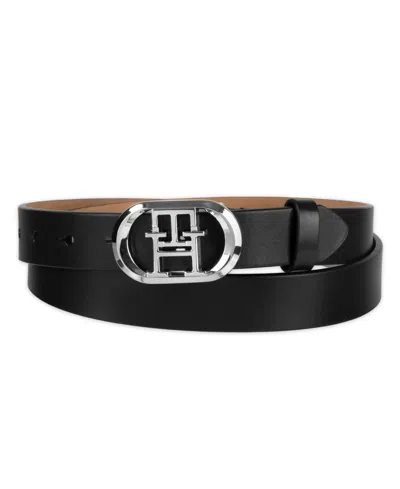 Tommy Hilfiger Women's Rounded Monogram Plaque Buckle Dress Belt In Black