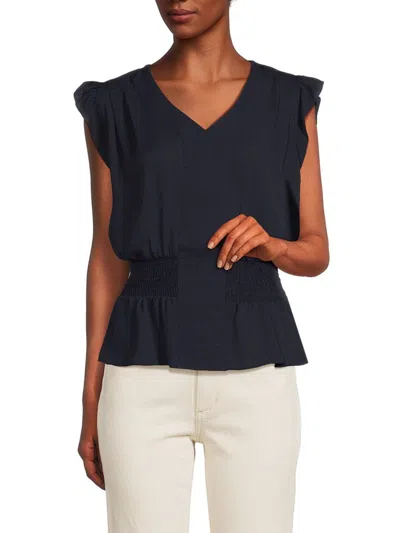 Tommy Hilfiger Women's Ruffle Smocked V Neck Blouse In Midnight