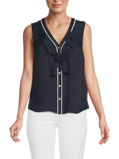 Tommy Hilfiger Women's Ruffle V-neck Top In Midnight Ivory