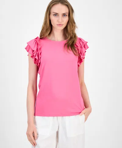Tommy Hilfiger Women's Ruffled Cap-sleeve Knit Top In Pink